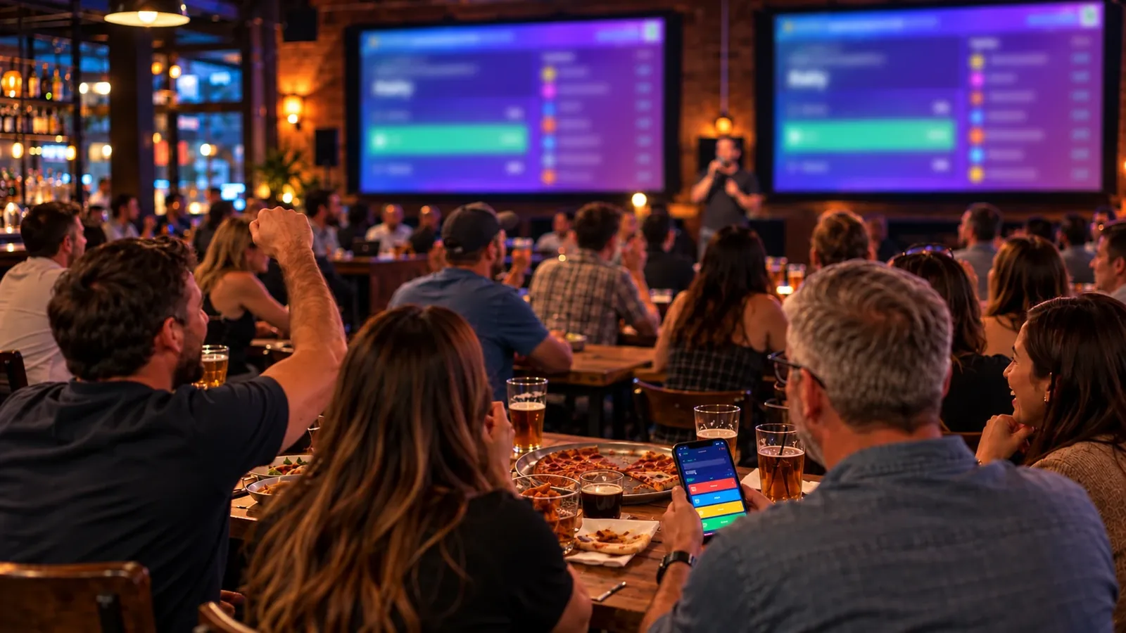 A packed bar on trivia night: a player cheers, another answers on his phone, and the answer shows on two big screens while the host reads the next question
