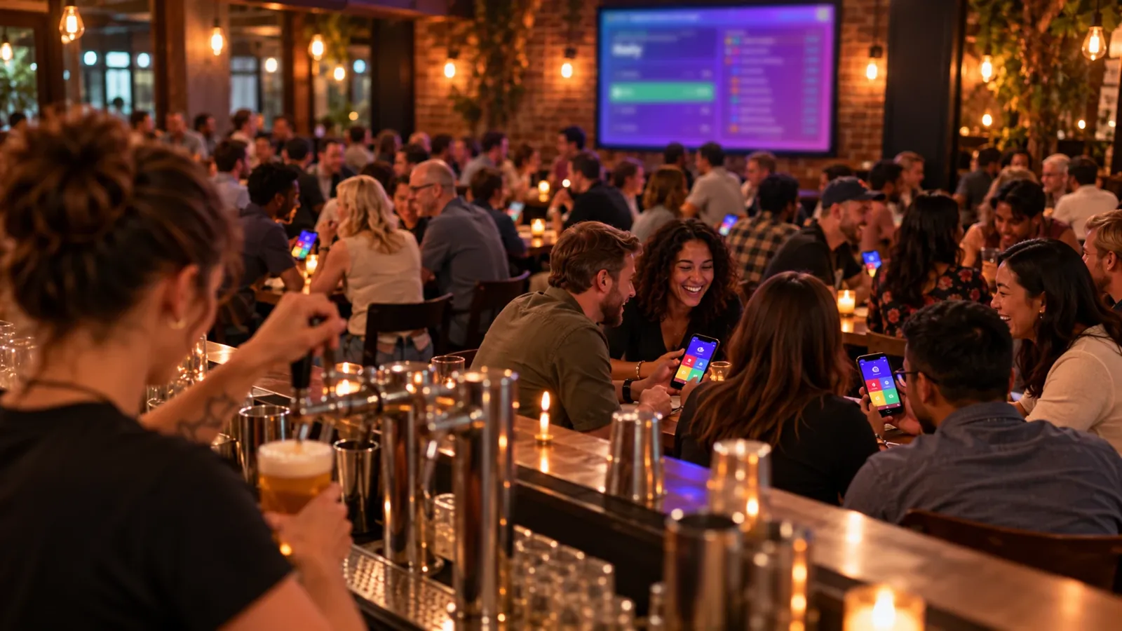 A packed taproom on trivia night seen from behind the bar: a bartender pours a pint while full tables play on their phones and the answer shows on the big screen