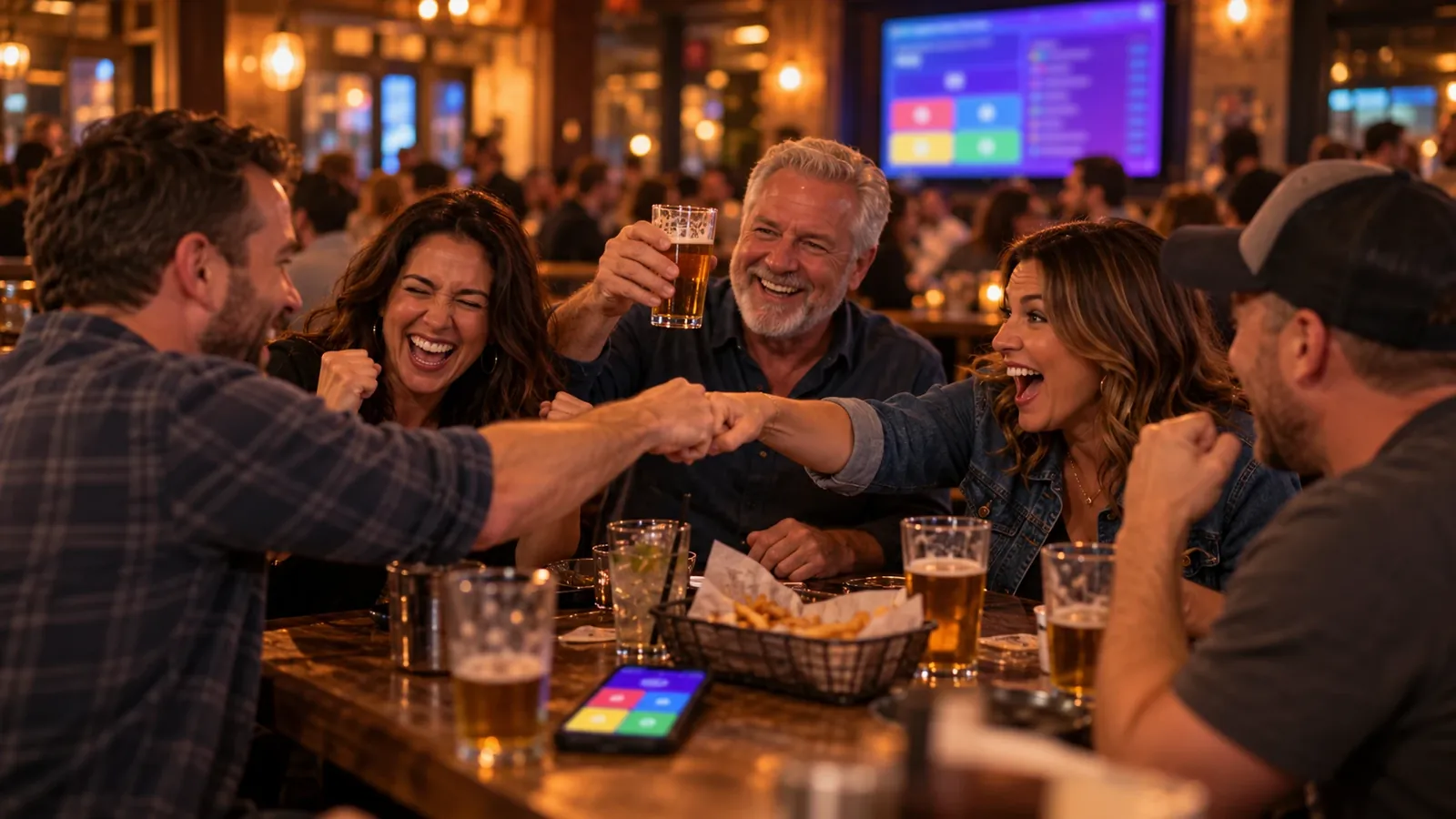 Regulars at a pub table cheering and fist-bumping after a right answer, with the game on the big screen behind them