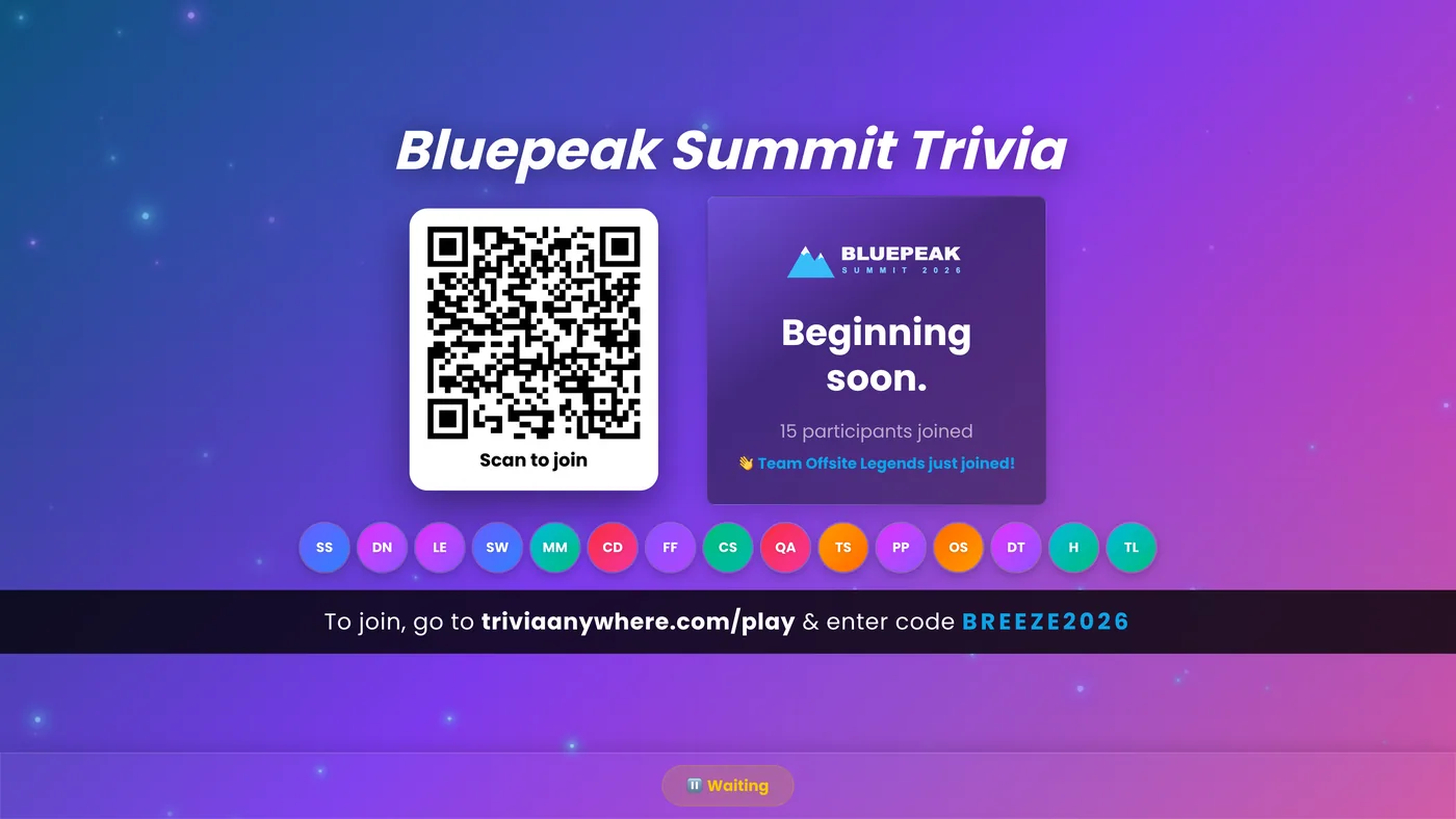 The lobby screen with a QR code and attendees joining