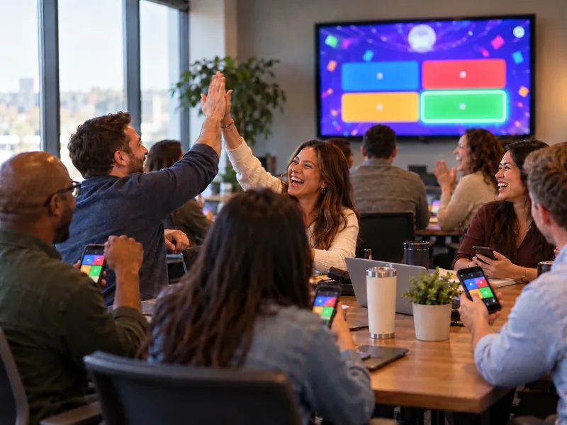 Coworkers high-fiving and laughing during a trivia game in a meeting room