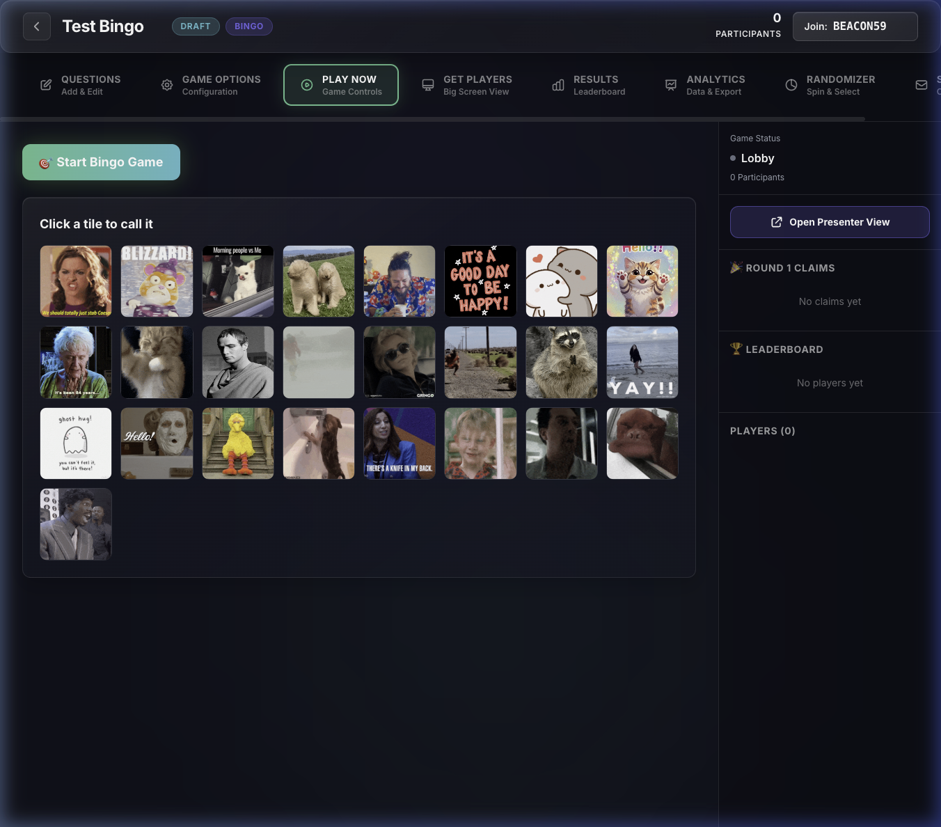 Bingo host controls showing tile grid and game management interface