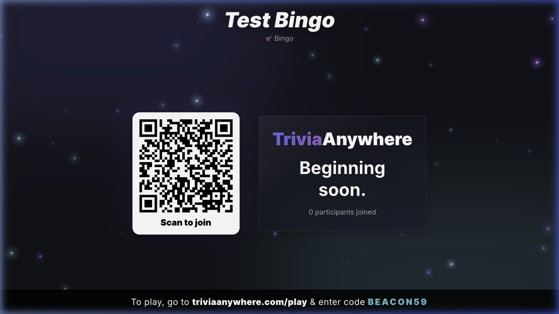 Bingo presenter view showing a live bingo lobby with QR code and animated background on a projector