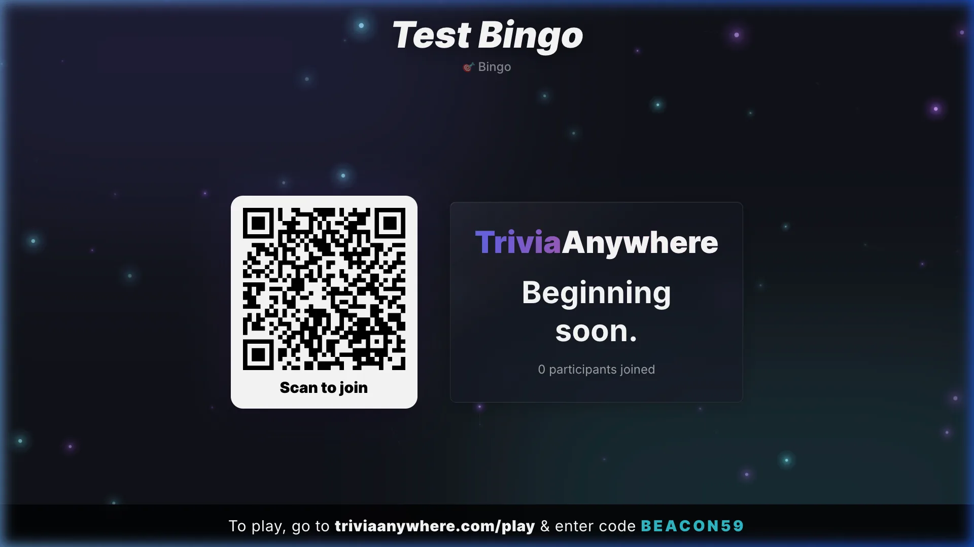 Bingo presenter view showing a live bingo lobby with QR code and animated background on a projector