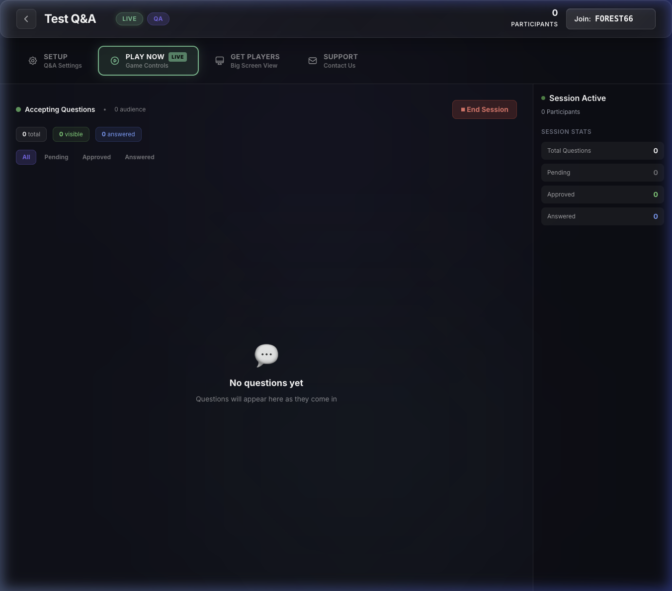Trivia Anywhere Q&A moderation dashboard showing live question queue with approval, rejection, and pinning controls