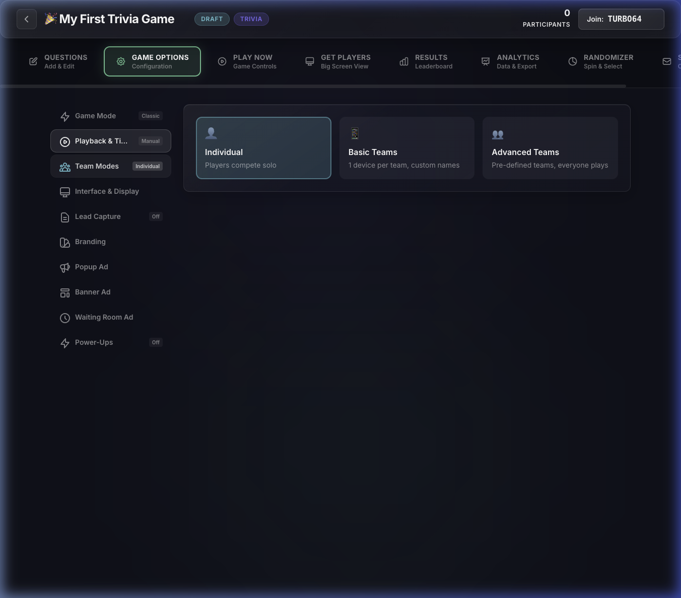 Team mode configuration in Trivia Anywhere showing individual, basic, and pre-defined team options